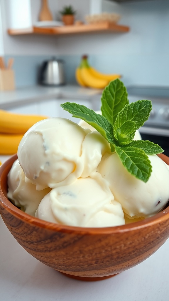 Simple Three-Ingredient Vegan Banana Ice Cream Recipe Bowl of vegan banana ice cream topped with banana slices and mint leaves.